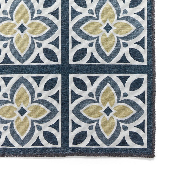 Washable Victoria H1191 Modern Vintage Lotus Floral Tile Mosaic Lightweight Printed Polyester Flatweave Grey/Yellow Rug-Think Rugs-Rug Love - The Most Loved Rug Store