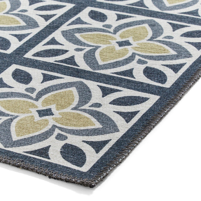 Washable Victoria H1191 Modern Vintage Lotus Floral Tile Mosaic Lightweight Printed Polyester Flatweave Grey/Yellow Rug-Think Rugs-Rug Love - The Most Loved Rug Store