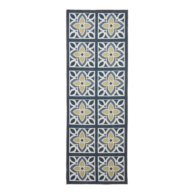 Washable Victoria H1191 Modern Vintage Lotus Floral Tile Mosaic Lightweight Printed Polyester Flatweave Grey/Yellow Rug-Think Rugs-Rug Love - The Most Loved Rug Store