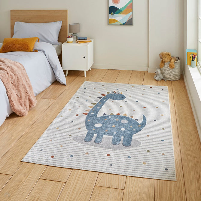 Washable Vida Kids Dinosaur Soft-Touch Textured Lightweight Printed Recycled Polypropylene Flatweave Multicolour Rug-Think Rugs-Rug Love - The Most Loved Rug Store