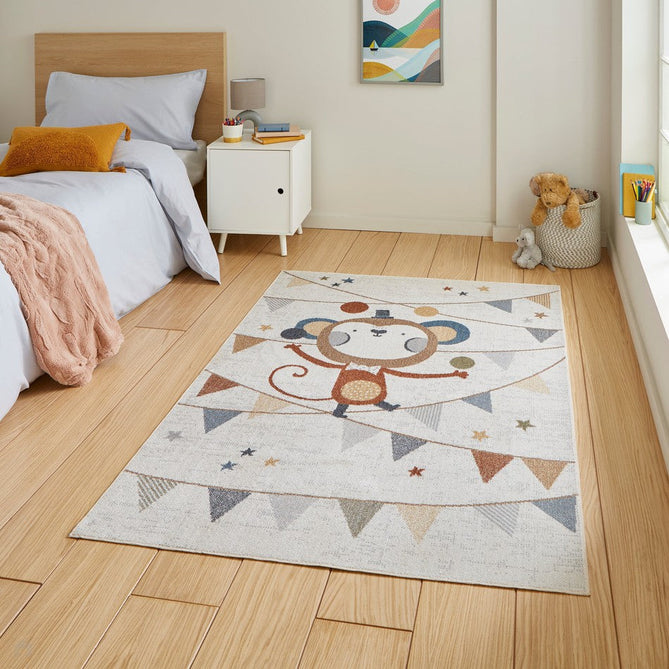 Washable Vida Kids Monkey Soft-Touch Textured Lightweight Printed Recycled Polypropylene Flatweave Multicolour Rug-Think Rugs-Rug Love - The Most Loved Rug Store
