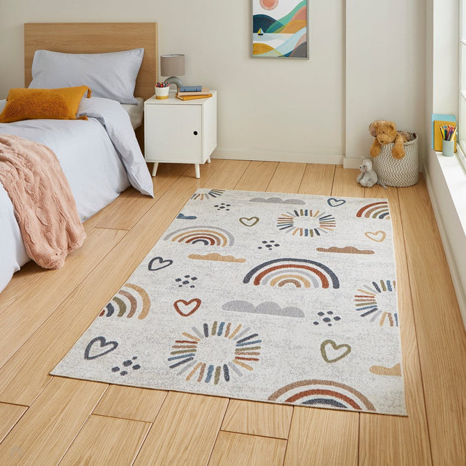 Washable Vida Kids Rainbow Sun Soft-Touch Textured Lightweight Printed Recycled Polypropylene Flatweave Multicolour Rug-Think Rugs-Rug Love - The Most Loved Rug Store