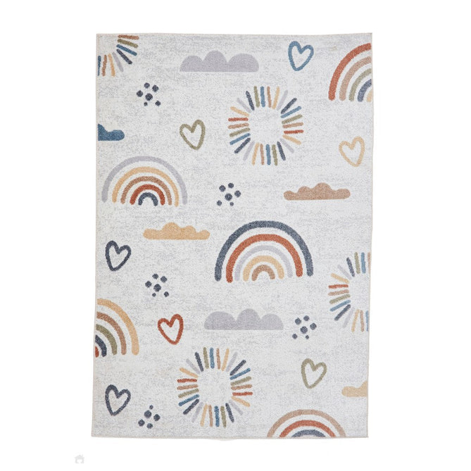 Washable Vida Kids Rainbow Sun Soft-Touch Textured Lightweight Printed Recycled Polypropylene Flatweave Multicolour Rug-Think Rugs-Rug Love - The Most Loved Rug Store