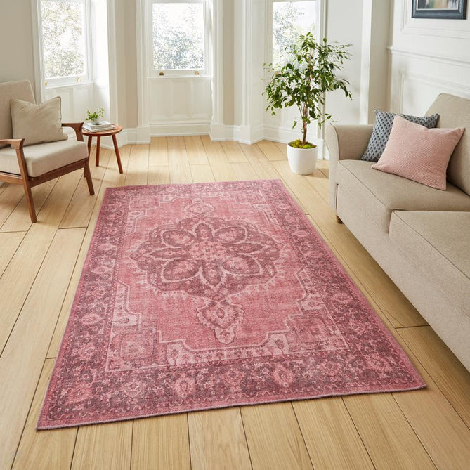 Washable Zahra S0063 Traditional Vintage Distressed Medallion Border Soft Digitally Printed Lightweight Textured Polyester Flatweave Dusty Pink/Rosewood/Blush/Mauve/Ivory Rug-Think Rugs-Rug Love - The Most Loved Rug Store