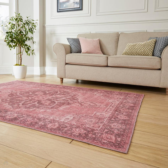 Washable Zahra S0063 Traditional Vintage Distressed Medallion Border Soft Digitally Printed Lightweight Textured Polyester Flatweave Dusty Pink/Rosewood/Blush/Mauve/Ivory Rug-Think Rugs-Rug Love - The Most Loved Rug Store