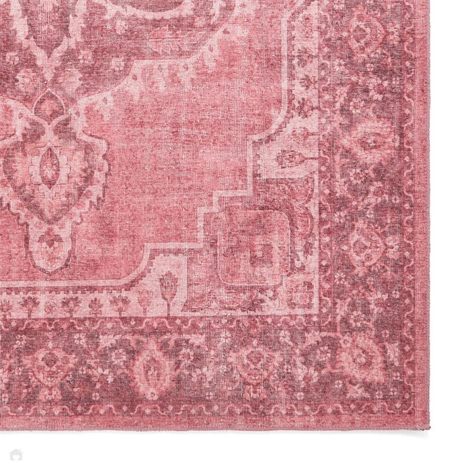 Washable Zahra S0063 Traditional Vintage Distressed Medallion Border Soft Digitally Printed Lightweight Textured Polyester Flatweave Dusty Pink/Rosewood/Blush/Mauve/Ivory Rug-Think Rugs-Rug Love - The Most Loved Rug Store