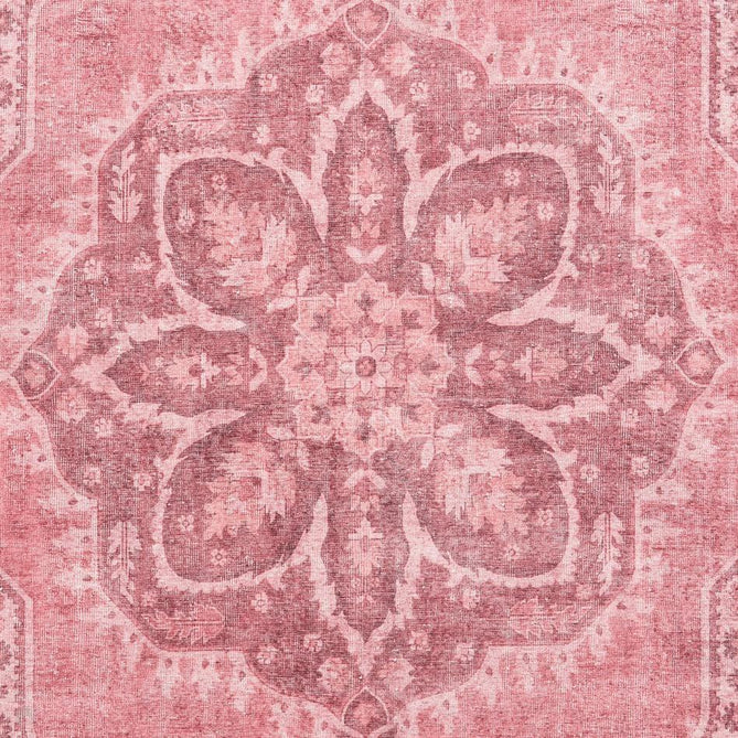 Washable Zahra S0063 Traditional Vintage Distressed Medallion Border Soft Digitally Printed Lightweight Textured Polyester Flatweave Dusty Pink/Rosewood/Blush/Mauve/Ivory Rug-Think Rugs-Rug Love - The Most Loved Rug Store