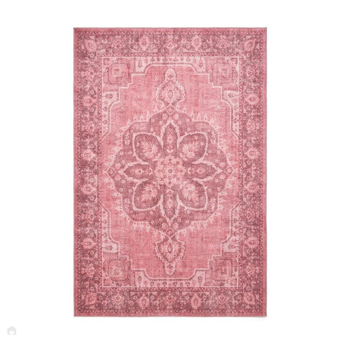 Washable Zahra S0063 Traditional Vintage Distressed Medallion Border Soft Digitally Printed Lightweight Textured Polyester Flatweave Dusty Pink/Rosewood/Blush/Mauve/Ivory Rug-Think Rugs-Rug Love - The Most Loved Rug Store