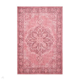 Washable Zahra S0063 Traditional Vintage Distressed Medallion Border Soft Digitally Printed Lightweight Textured Polyester Flatweave Dusty Pink/Rosewood/Blush/Mauve/Ivory Rug