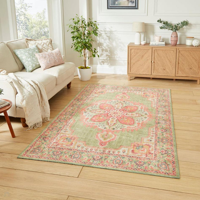 Washable Zahra S0063 Traditional Vintage Distressed Medallion Border Soft Digitally Printed Lightweight Textured Polyester Flatweave Sage Green/Coral Pink/Blush/Ivory/Yellow/Teal Rug-Think Rugs-Rug Love - The Most Loved Rug Store