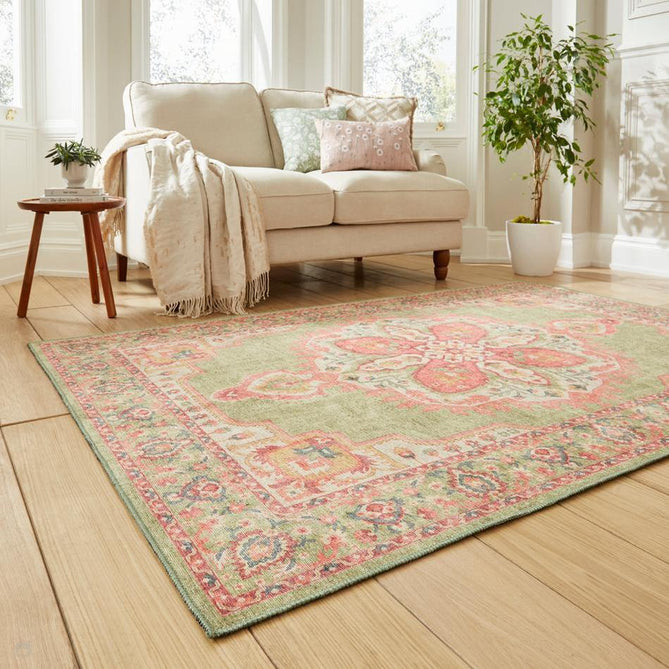 Washable Zahra S0063 Traditional Vintage Distressed Medallion Border Soft Digitally Printed Lightweight Textured Polyester Flatweave Sage Green/Coral Pink/Blush/Ivory/Yellow/Teal Rug-Think Rugs-Rug Love - The Most Loved Rug Store