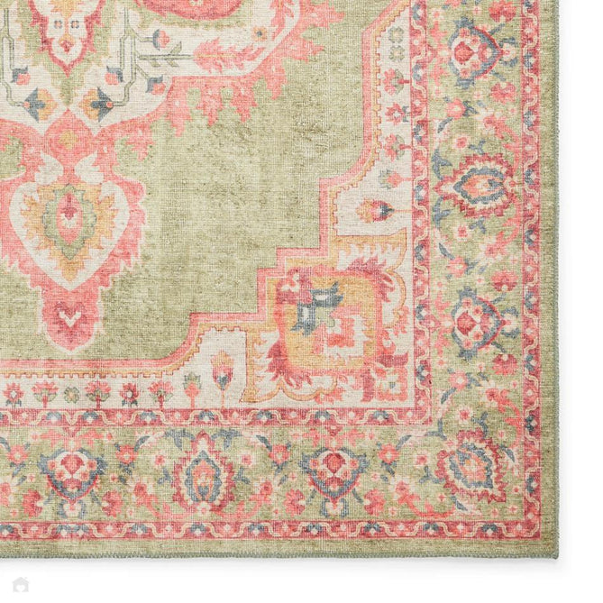 Washable Zahra S0063 Traditional Vintage Distressed Medallion Border Soft Digitally Printed Lightweight Textured Polyester Flatweave Sage Green/Coral Pink/Blush/Ivory/Yellow/Teal Rug-Think Rugs-Rug Love - The Most Loved Rug Store