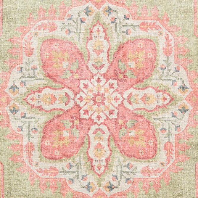 Washable Zahra S0063 Traditional Vintage Distressed Medallion Border Soft Digitally Printed Lightweight Textured Polyester Flatweave Sage Green/Coral Pink/Blush/Ivory/Yellow/Teal Rug-Think Rugs-Rug Love - The Most Loved Rug Store