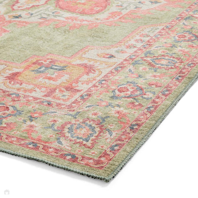 Washable Zahra S0063 Traditional Vintage Distressed Medallion Border Soft Digitally Printed Lightweight Textured Polyester Flatweave Sage Green/Coral Pink/Blush/Ivory/Yellow/Teal Rug-Think Rugs-Rug Love - The Most Loved Rug Store