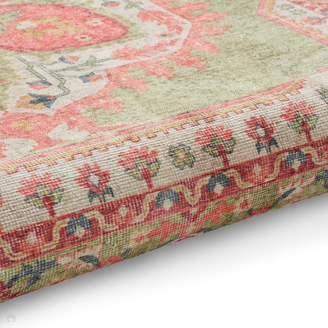 Washable Zahra S0063 Traditional Vintage Distressed Medallion Border Soft Digitally Printed Lightweight Textured Polyester Flatweave Sage Green/Coral Pink/Blush/Ivory/Yellow/Teal Rug-Think Rugs-Rug Love - The Most Loved Rug Store