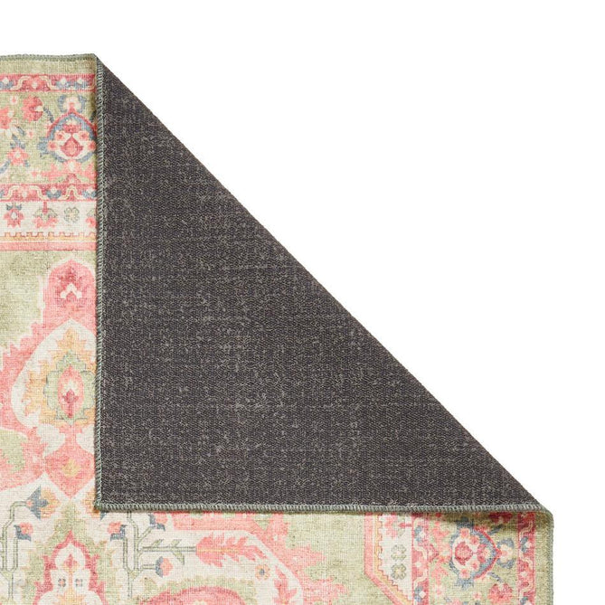 Washable Zahra S0063 Traditional Vintage Distressed Medallion Border Soft Digitally Printed Lightweight Textured Polyester Flatweave Sage Green/Coral Pink/Blush/Ivory/Yellow/Teal Rug-Think Rugs-Rug Love - The Most Loved Rug Store