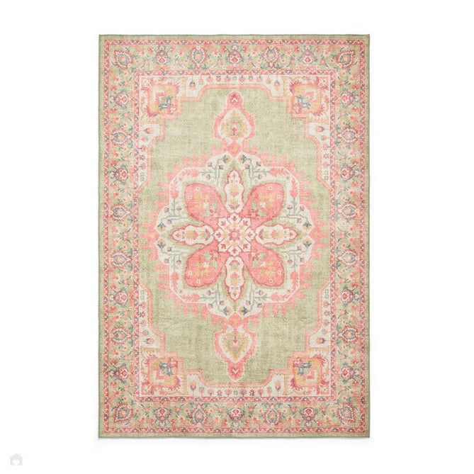 Washable Zahra S0063 Traditional Vintage Distressed Medallion Border Soft Digitally Printed Lightweight Textured Polyester Flatweave Sage Green/Coral Pink/Blush/Ivory/Yellow/Teal Rug-Think Rugs-Rug Love - The Most Loved Rug Store
