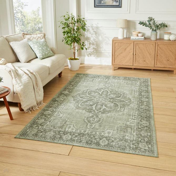Washable Zahra S0063 Traditional Vintage Distressed Medallion Border Soft Digitally Printed Lightweight Textured Polyester Flatweave Sage Green/Ivory/Grey Rug-Think Rugs-Rug Love - The Most Loved Rug Store