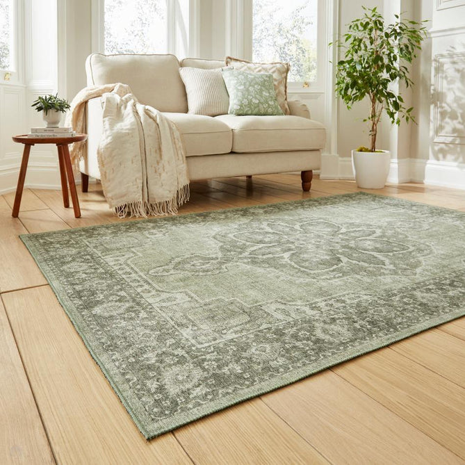 Washable Zahra S0063 Traditional Vintage Distressed Medallion Border Soft Digitally Printed Lightweight Textured Polyester Flatweave Sage Green/Ivory/Grey Rug-Think Rugs-Rug Love - The Most Loved Rug Store