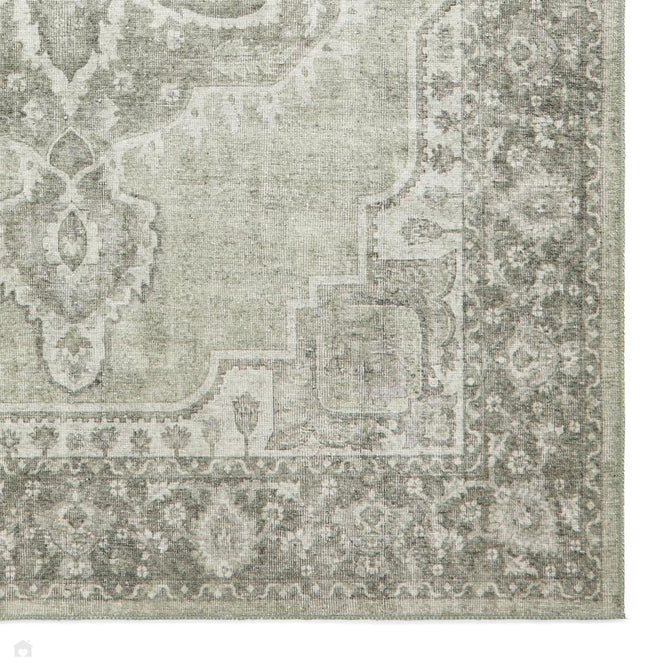Washable Zahra S0063 Traditional Vintage Distressed Medallion Border Soft Digitally Printed Lightweight Textured Polyester Flatweave Sage Green/Ivory/Grey Rug-Think Rugs-Rug Love - The Most Loved Rug Store