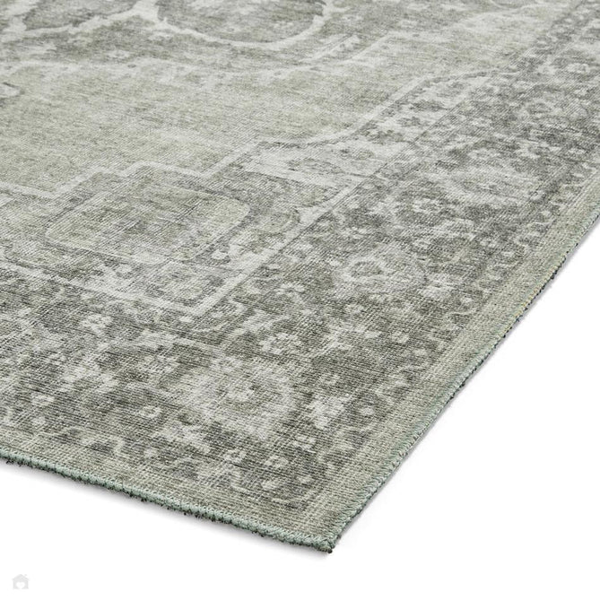 Washable Zahra S0063 Traditional Vintage Distressed Medallion Border Soft Digitally Printed Lightweight Textured Polyester Flatweave Sage Green/Ivory/Grey Rug-Think Rugs-Rug Love - The Most Loved Rug Store