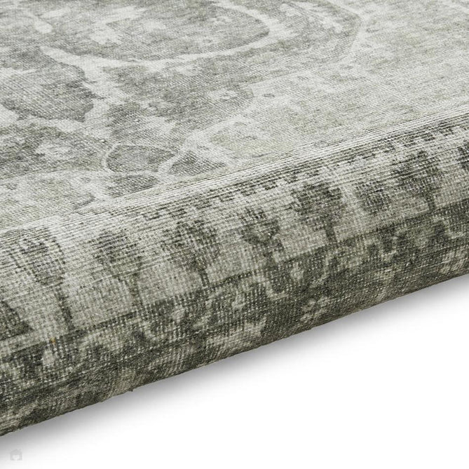 Washable Zahra S0063 Traditional Vintage Distressed Medallion Border Soft Digitally Printed Lightweight Textured Polyester Flatweave Sage Green/Ivory/Grey Rug-Think Rugs-Rug Love - The Most Loved Rug Store