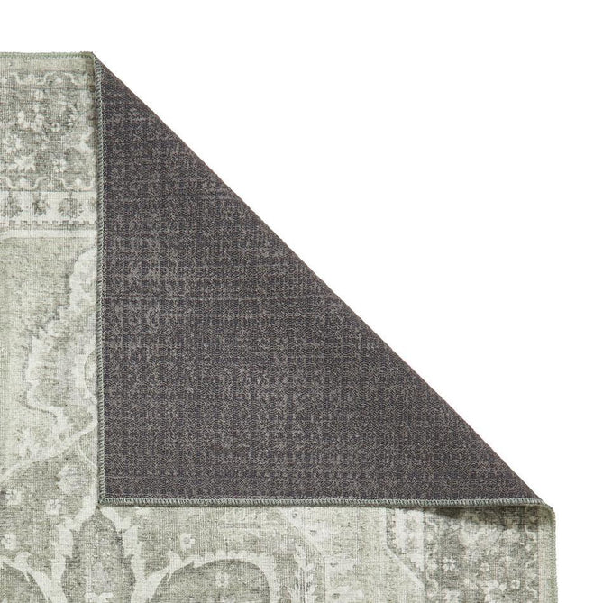 Washable Zahra S0063 Traditional Vintage Distressed Medallion Border Soft Digitally Printed Lightweight Textured Polyester Flatweave Sage Green/Ivory/Grey Rug-Think Rugs-Rug Love - The Most Loved Rug Store