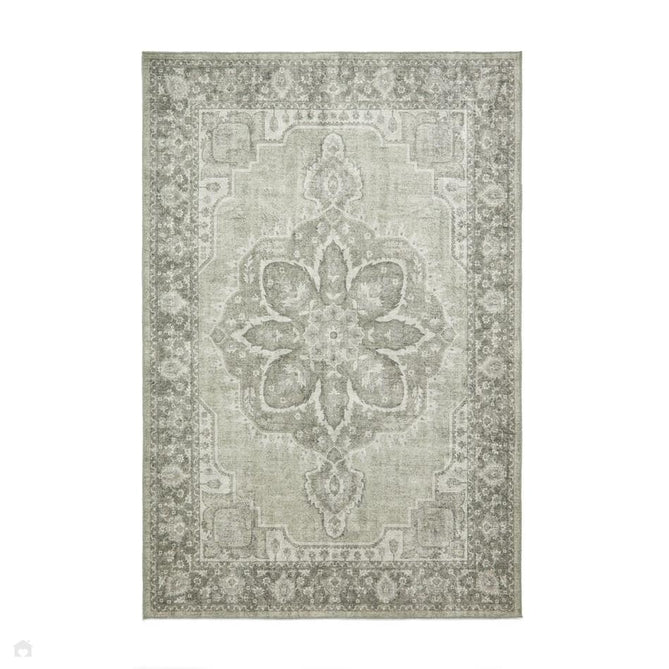 Washable Zahra S0063 Traditional Vintage Distressed Medallion Border Soft Digitally Printed Lightweight Textured Polyester Flatweave Sage Green/Ivory/Grey Rug-Think Rugs-Rug Love - The Most Loved Rug Store