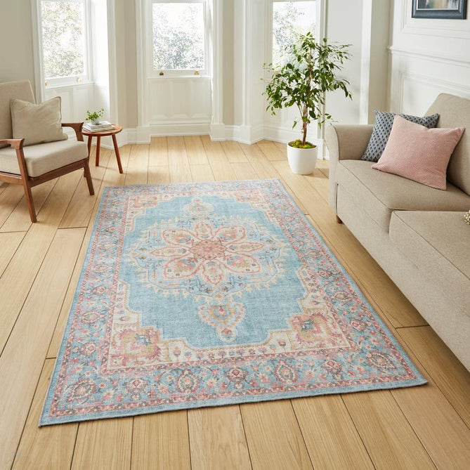 Washable Zahra S0063 Traditional Vintage Distressed Medallion Border Soft Digitally Printed Lightweight Textured Polyester Flatweave Soft Sky Blue/Blush Pink/Peach Coral/Ivory/Golden Beige Rug-Think Rugs-Rug Love - The Most Loved Rug Store