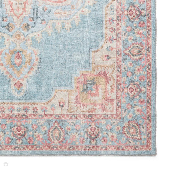 Washable Zahra S0063 Traditional Vintage Distressed Medallion Border Soft Digitally Printed Lightweight Textured Polyester Flatweave Soft Sky Blue/Blush Pink/Peach Coral/Ivory/Golden Beige Rug-Think Rugs-Rug Love - The Most Loved Rug Store