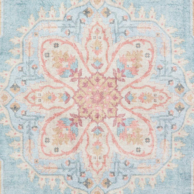 Washable Zahra S0063 Traditional Vintage Distressed Medallion Border Soft Digitally Printed Lightweight Textured Polyester Flatweave Soft Sky Blue/Blush Pink/Peach Coral/Ivory/Golden Beige Rug-Think Rugs-Rug Love - The Most Loved Rug Store