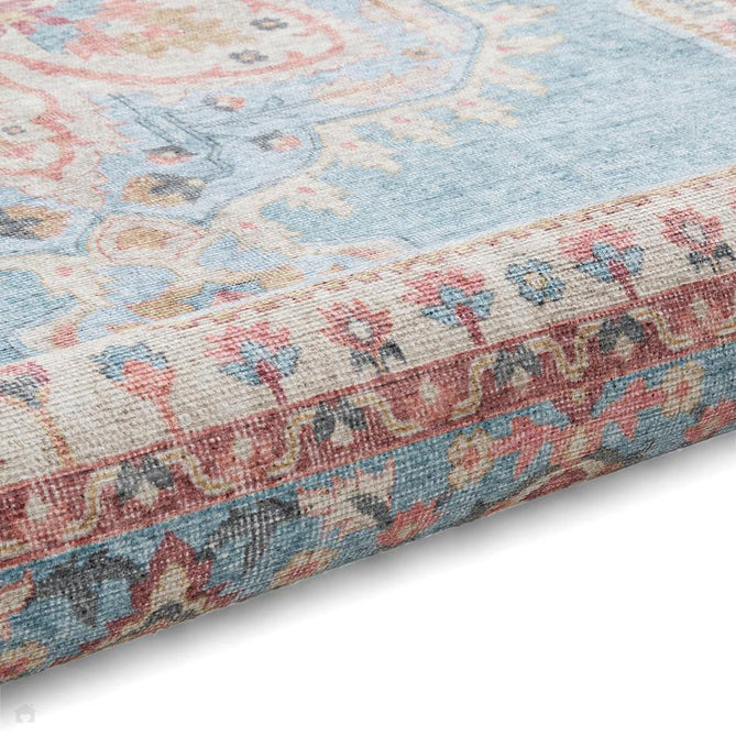 Washable Zahra S0063 Traditional Vintage Distressed Medallion Border Soft Digitally Printed Lightweight Textured Polyester Flatweave Soft Sky Blue/Blush Pink/Peach Coral/Ivory/Golden Beige Rug-Think Rugs-Rug Love - The Most Loved Rug Store