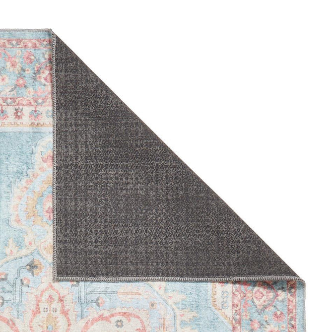 Washable Zahra S0063 Traditional Vintage Distressed Medallion Border Soft Digitally Printed Lightweight Textured Polyester Flatweave Soft Sky Blue/Blush Pink/Peach Coral/Ivory/Golden Beige Rug-Think Rugs-Rug Love - The Most Loved Rug Store