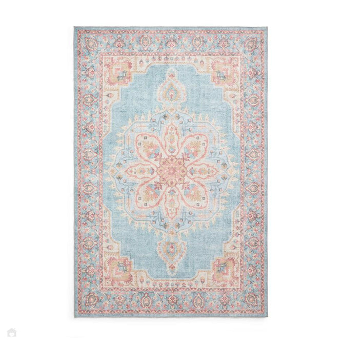 Washable Zahra S0063 Traditional Vintage Distressed Medallion Border Soft Digitally Printed Lightweight Textured Polyester Flatweave Soft Sky Blue/Blush Pink/Peach Coral/Ivory/Golden Beige Rug-Think Rugs-Rug Love - The Most Loved Rug Store
