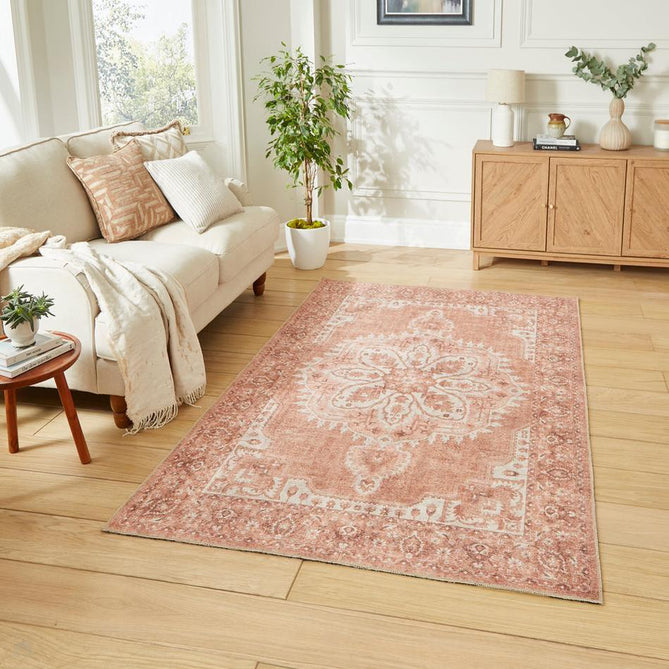 Washable Zahra S0063 Traditional Vintage Distressed Medallion Border Soft Digitally Printed Lightweight Textured Polyester Flatweave Terracotta/Rose/Ivory/Clay/Taupe Rug-Think Rugs-Rug Love - The Most Loved Rug Store