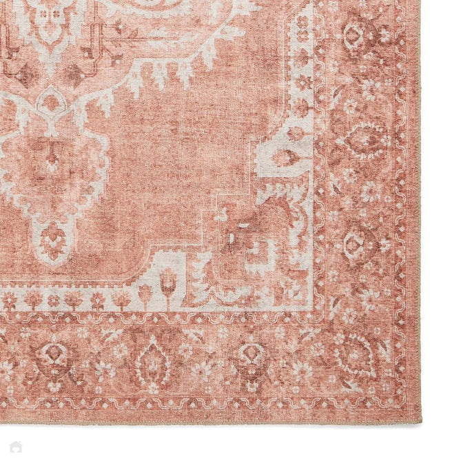 Washable Zahra S0063 Traditional Vintage Distressed Medallion Border Soft Digitally Printed Lightweight Textured Polyester Flatweave Terracotta/Rose/Ivory/Clay/Taupe Rug-Think Rugs-Rug Love - The Most Loved Rug Store