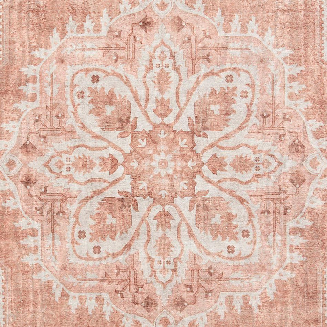 Washable Zahra S0063 Traditional Vintage Distressed Medallion Border Soft Digitally Printed Lightweight Textured Polyester Flatweave Terracotta/Rose/Ivory/Clay/Taupe Rug-Think Rugs-Rug Love - The Most Loved Rug Store