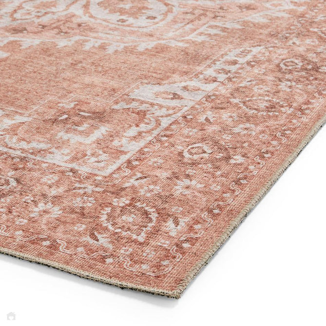 Washable Zahra S0063 Traditional Vintage Distressed Medallion Border Soft Digitally Printed Lightweight Textured Polyester Flatweave Terracotta/Rose/Ivory/Clay/Taupe Rug-Think Rugs-Rug Love - The Most Loved Rug Store