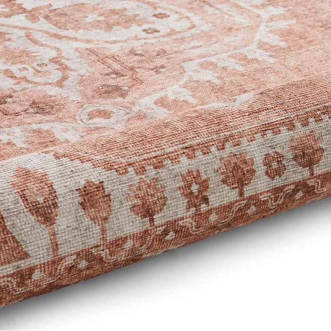 Washable Zahra S0063 Traditional Vintage Distressed Medallion Border Soft Digitally Printed Lightweight Textured Polyester Flatweave Terracotta/Rose/Ivory/Clay/Taupe Rug-Think Rugs-Rug Love - The Most Loved Rug Store