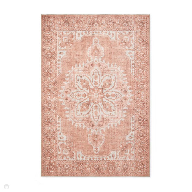 Washable Zahra S0063 Traditional Vintage Distressed Medallion Border Soft Digitally Printed Lightweight Textured Polyester Flatweave Terracotta/Rose/Ivory/Clay/Taupe Rug-Think Rugs-Rug Love - The Most Loved Rug Store
