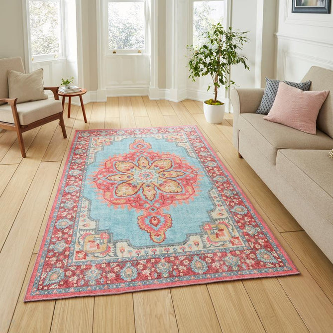 Washable Zahra S0063 Traditional Vintage Distressed Medallion Border Soft Digitally Printed Lightweight Textured Polyester Flatweave Turquoise Blue/Deep Red/Coral Pink/Ochre/Cream Rug-Think Rugs-Rug Love - The Most Loved Rug Store