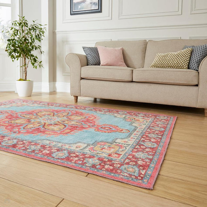 Washable Zahra S0063 Traditional Vintage Distressed Medallion Border Soft Digitally Printed Lightweight Textured Polyester Flatweave Turquoise Blue/Deep Red/Coral Pink/Ochre/Cream Rug-Think Rugs-Rug Love - The Most Loved Rug Store