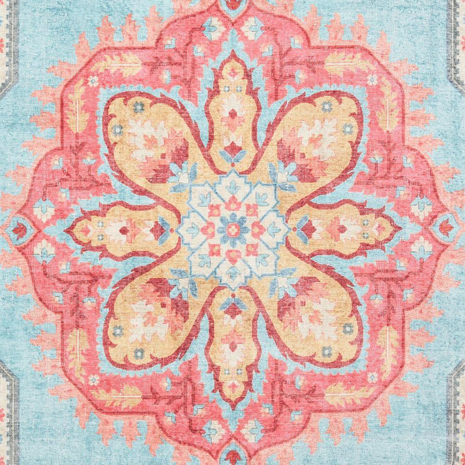 Washable Zahra S0063 Traditional Vintage Distressed Medallion Border Soft Digitally Printed Lightweight Textured Polyester Flatweave Turquoise Blue/Deep Red/Coral Pink/Ochre/Cream Rug-Think Rugs-Rug Love - The Most Loved Rug Store