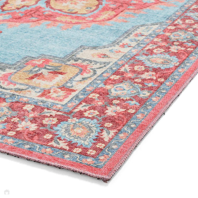 Washable Zahra S0063 Traditional Vintage Distressed Medallion Border Soft Digitally Printed Lightweight Textured Polyester Flatweave Turquoise Blue/Deep Red/Coral Pink/Ochre/Cream Rug-Think Rugs-Rug Love - The Most Loved Rug Store