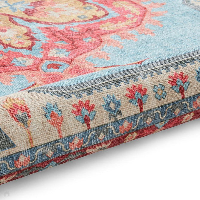 Washable Zahra S0063 Traditional Vintage Distressed Medallion Border Soft Digitally Printed Lightweight Textured Polyester Flatweave Turquoise Blue/Deep Red/Coral Pink/Ochre/Cream Rug-Think Rugs-Rug Love - The Most Loved Rug Store
