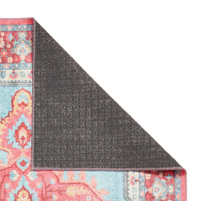 Washable Zahra S0063 Traditional Vintage Distressed Medallion Border Soft Digitally Printed Lightweight Textured Polyester Flatweave Turquoise Blue/Deep Red/Coral Pink/Ochre/Cream Rug-Think Rugs-Rug Love - The Most Loved Rug Store