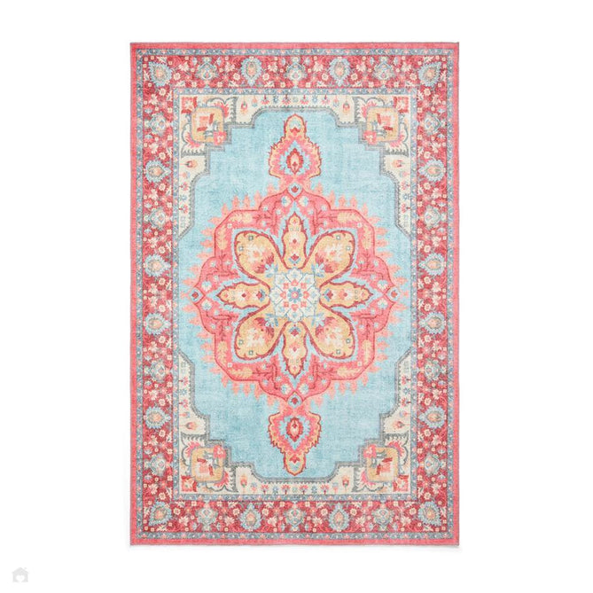 Washable Zahra S0063 Traditional Vintage Distressed Medallion Border Soft Digitally Printed Lightweight Textured Polyester Flatweave Turquoise Blue/Deep Red/Coral Pink/Ochre/Cream Rug-Think Rugs-Rug Love - The Most Loved Rug Store