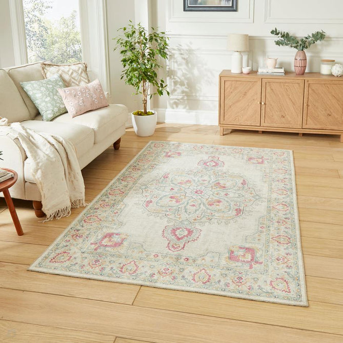 Washable Zahra S0063 Traditional Vintage Distressed Medallion Border Soft Digitally Printed Lightweight Textured Polyester Flatweave Warm Cream/Pastel Pink/Rose/Powder Blue/Peach/Golden Beige Rug-Think Rugs-Rug Love - The Most Loved Rug Store
