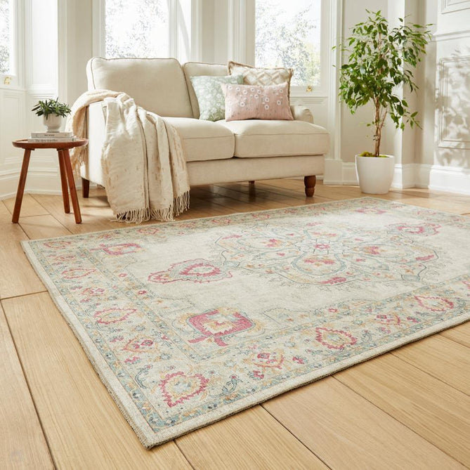 Washable Zahra S0063 Traditional Vintage Distressed Medallion Border Soft Digitally Printed Lightweight Textured Polyester Flatweave Warm Cream/Pastel Pink/Rose/Powder Blue/Peach/Golden Beige Rug-Think Rugs-Rug Love - The Most Loved Rug Store