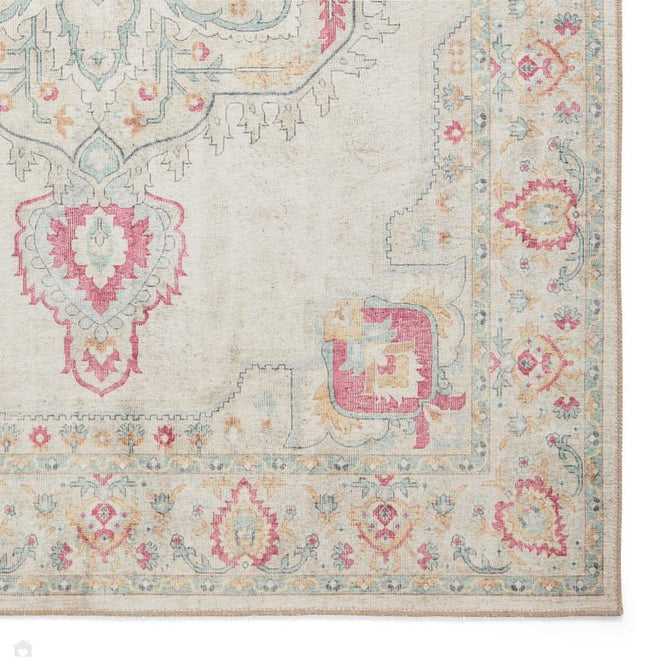Washable Zahra S0063 Traditional Vintage Distressed Medallion Border Soft Digitally Printed Lightweight Textured Polyester Flatweave Warm Cream/Pastel Pink/Rose/Powder Blue/Peach/Golden Beige Rug-Think Rugs-Rug Love - The Most Loved Rug Store